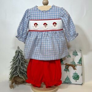 NWOT SANTA Blue Plaid Smocked Top & Red Bloomers Christmas